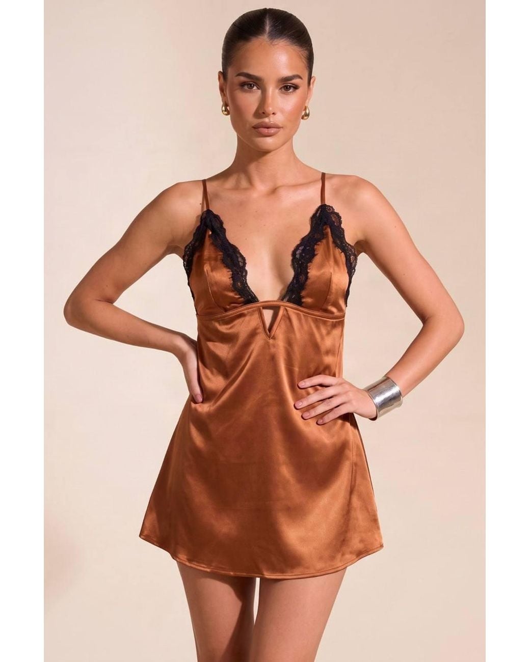 Rebellious Fashion Natural Jeslyn Satin Contrast Lace Trim Plunge Mini Dress