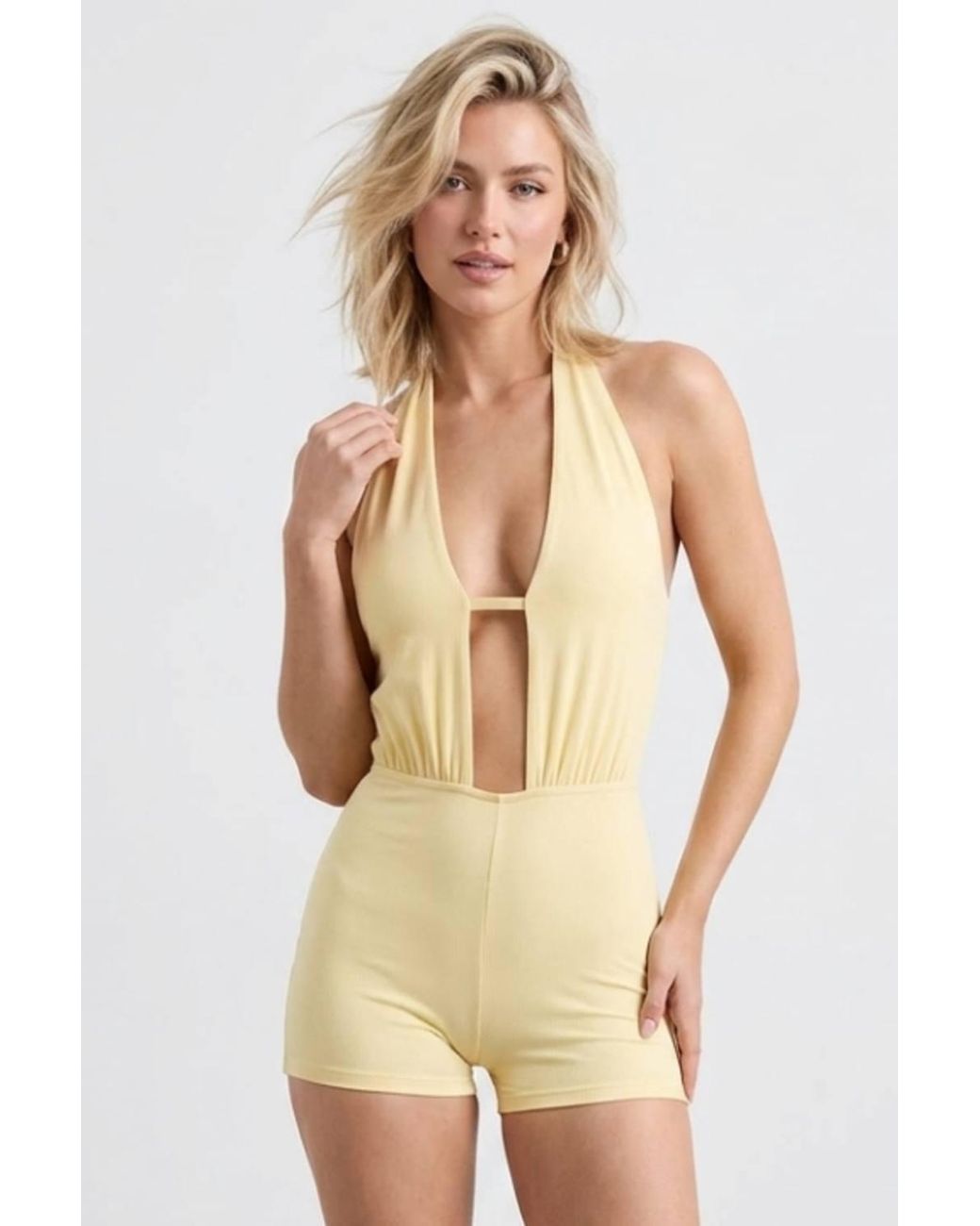 Stylewise Natural Open Back Halter Neck Plunge Neckline Playsuit
