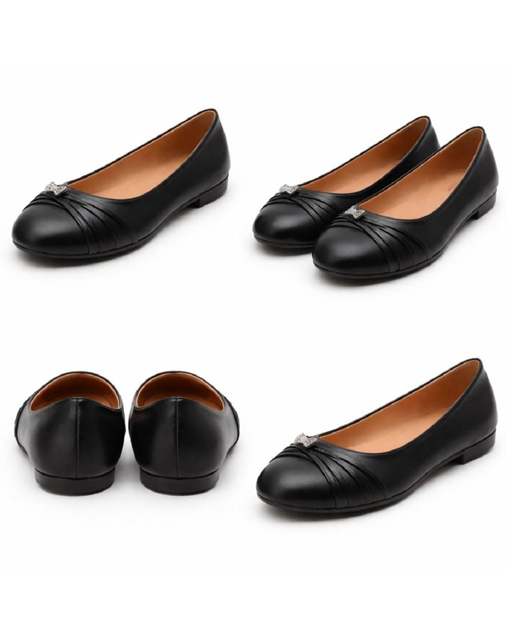 LARANGE Black Pu Slip On Ballerina Shoes Rhinostone Bow