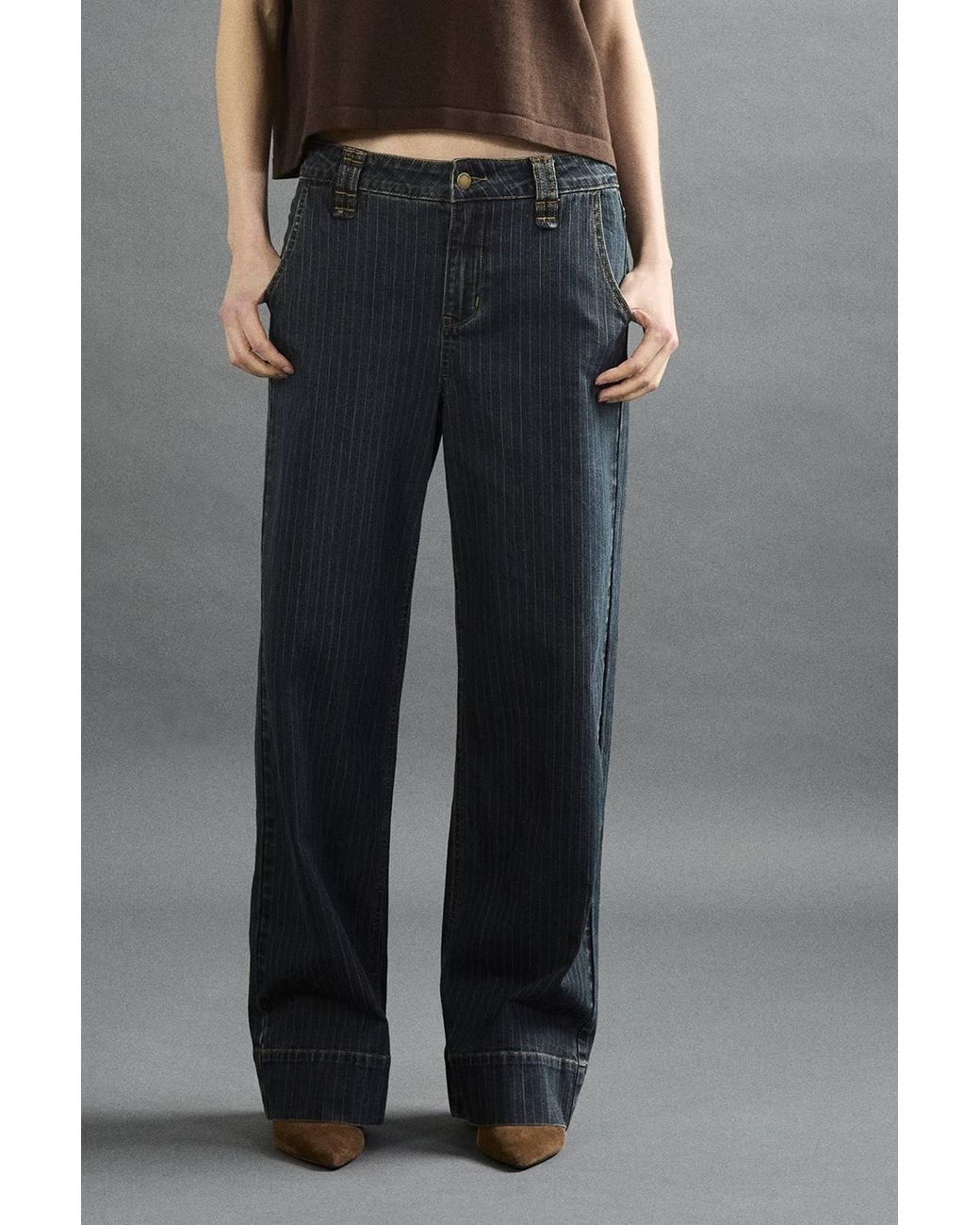 Apricot Gray Pinstripe Wide-Leg Denim Jeans