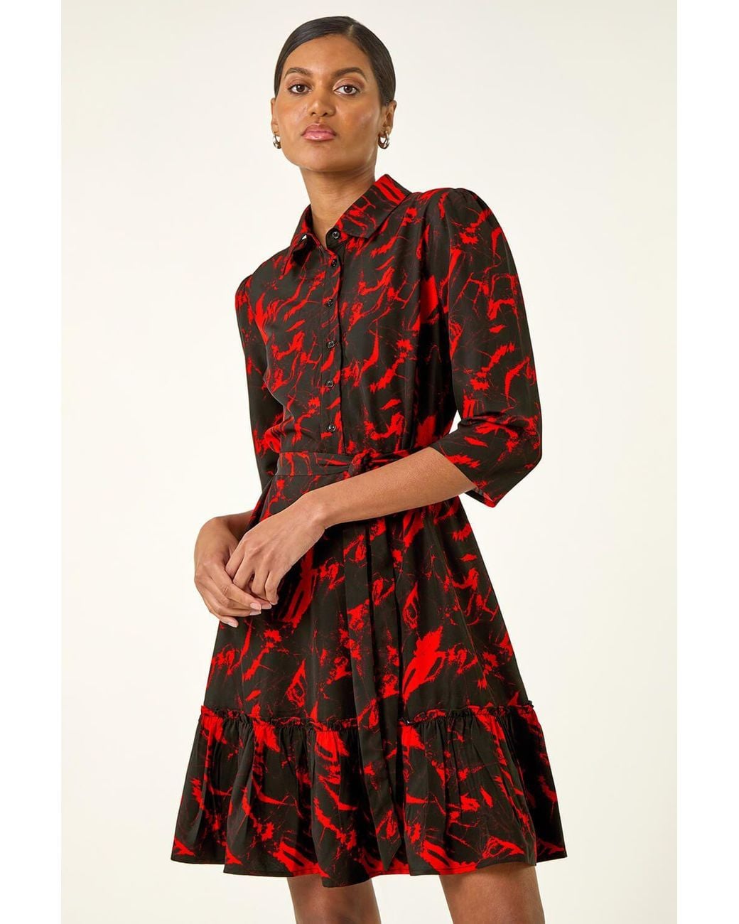 Roman Red Abstract Print Tie Waist Shirt Dress