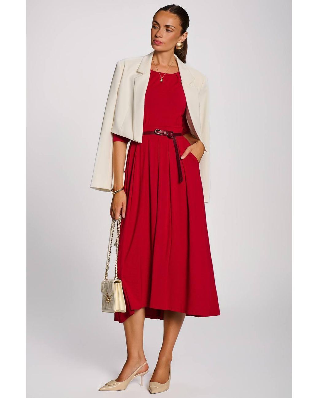 Jolie Moi Red 3/4 Sleeve Modal Viscose Midi Dress