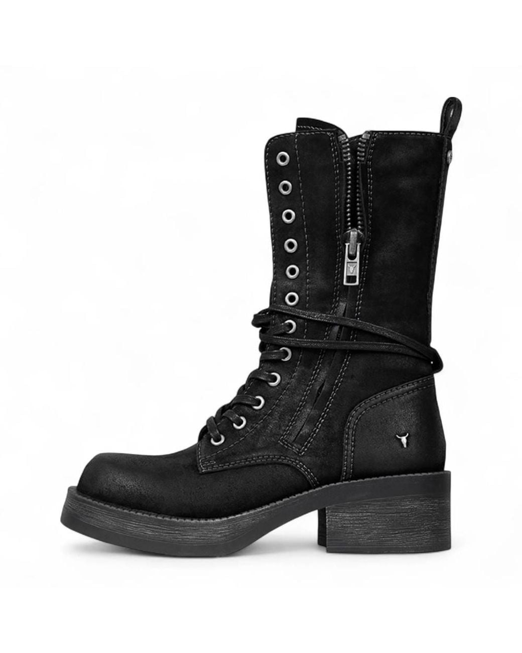 TruClothing Black Suede Combat Boots Mid-Calf Lace-Up Biker Shoes