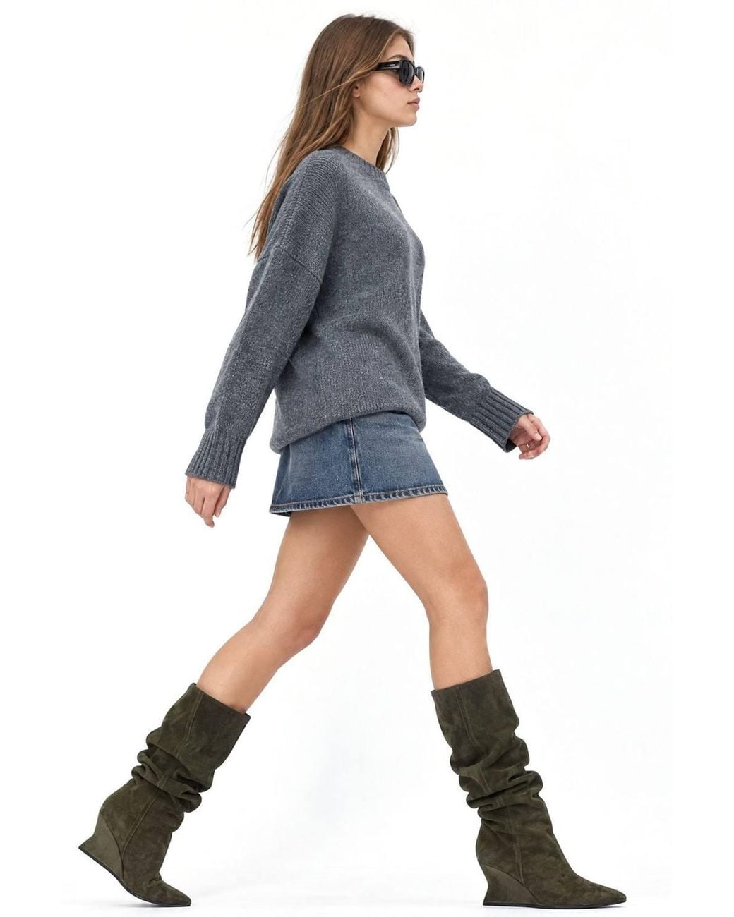 MixRay Blue Oversized Ribbed Knit Sweater With Crew Neck