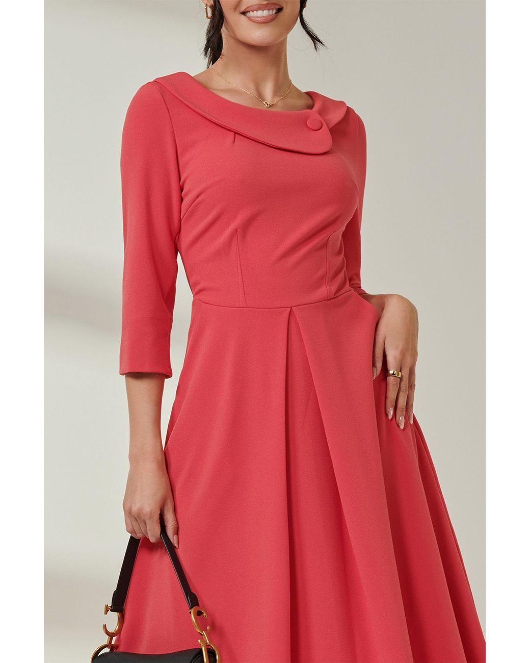 Jolie Moi Red Fold Neckline Sleeved Midi Dress