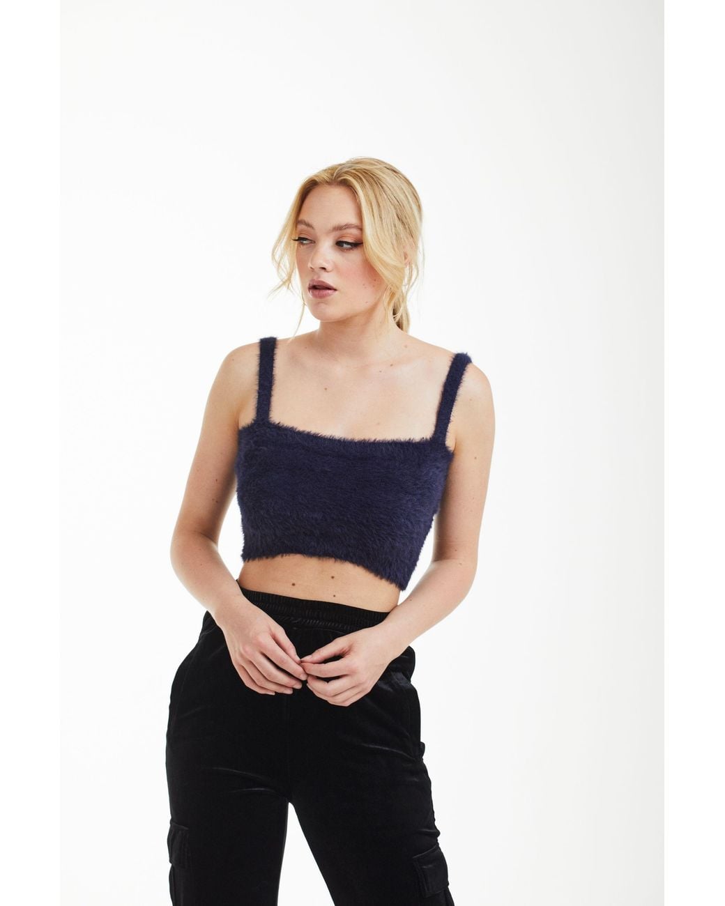 Double Second Blue Fluffy Knit Crop Top