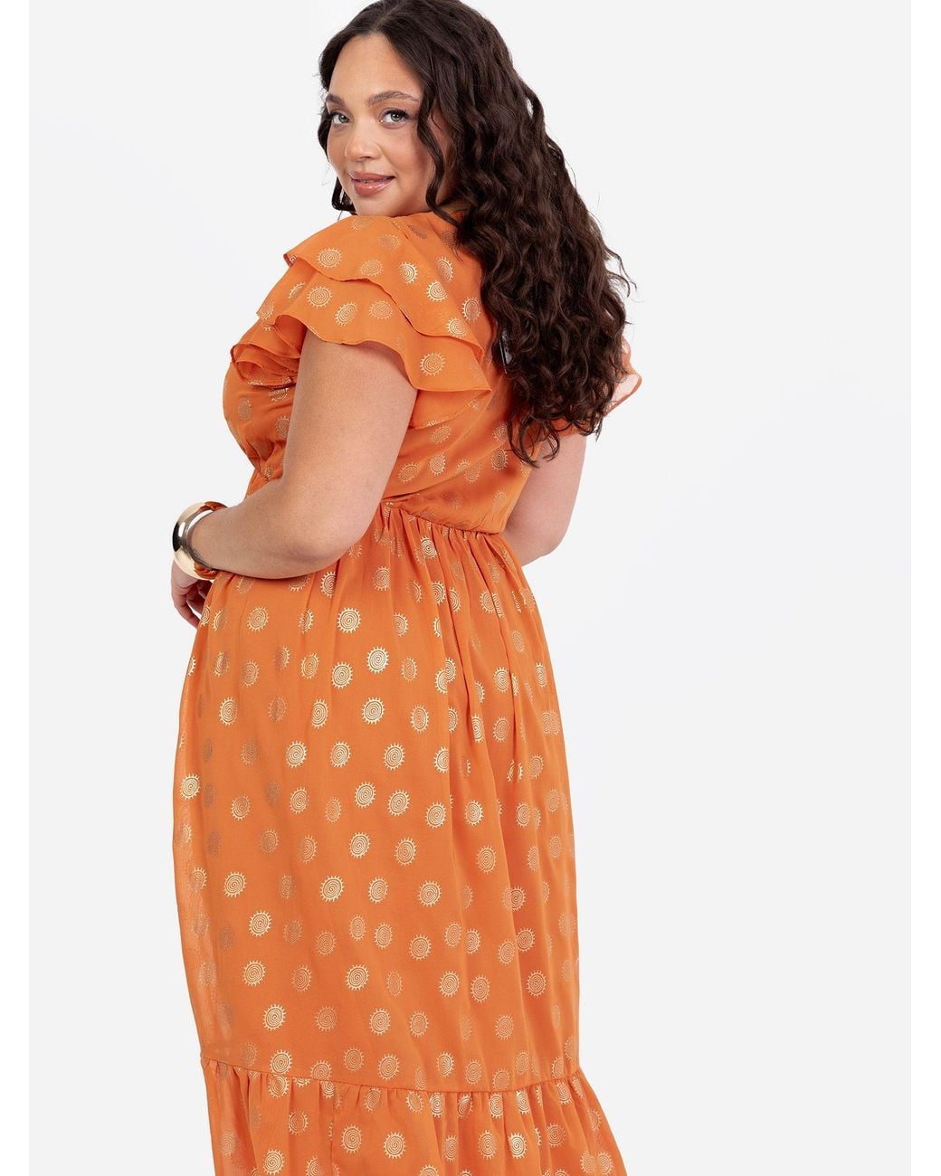 Lovedrobe Orange V Neck & Flutter Sleeve Metallic Midi Dress
