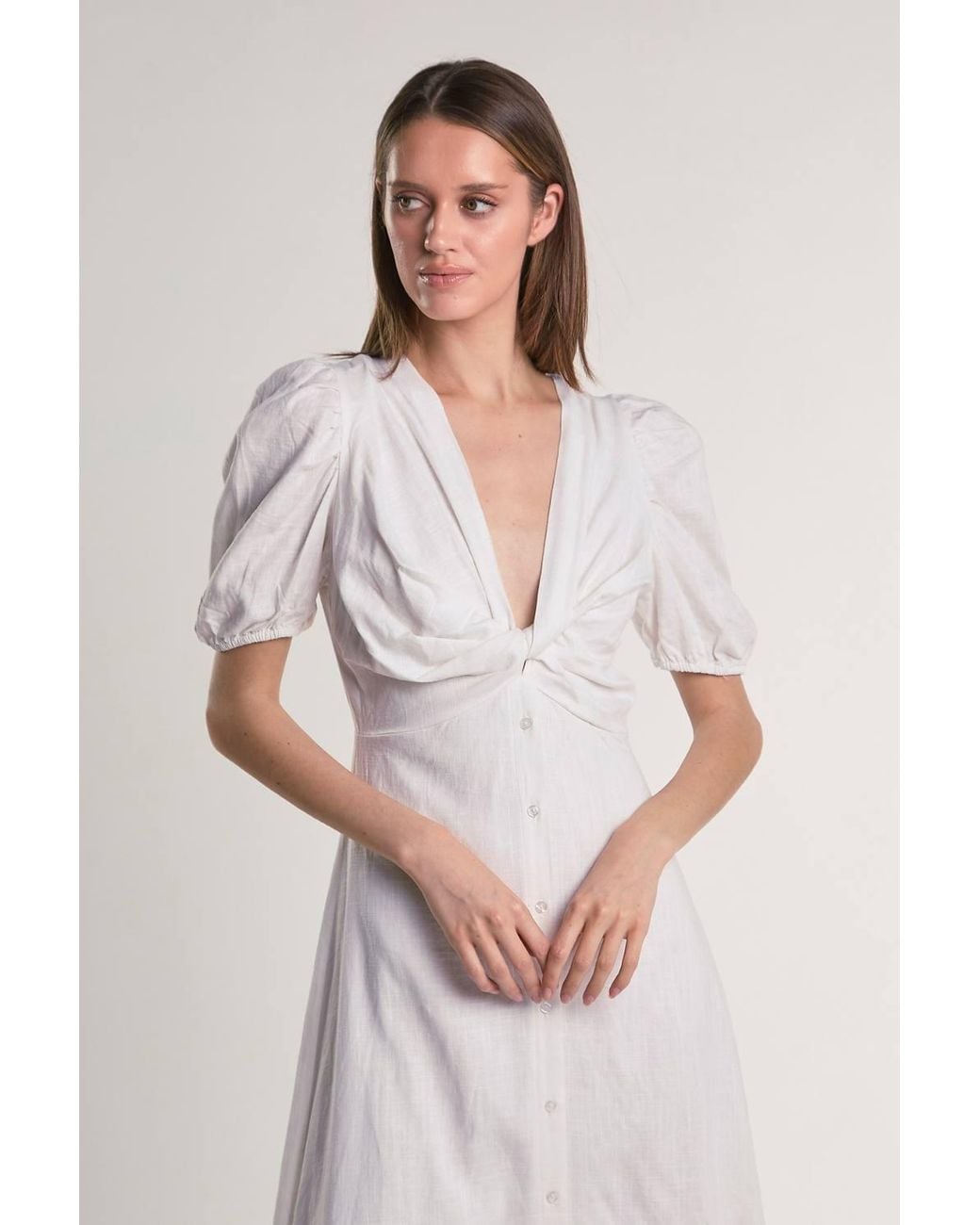 Shnoo Natural Off Button-Front-Twist Midi-Dress