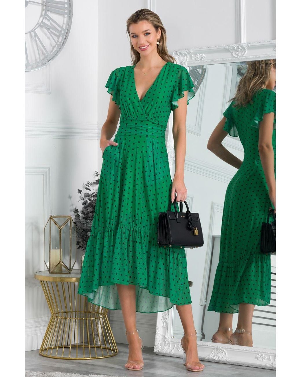 Jolie Moi Green Leena Mesh Cap Sleeve Tiered Maxi Dress