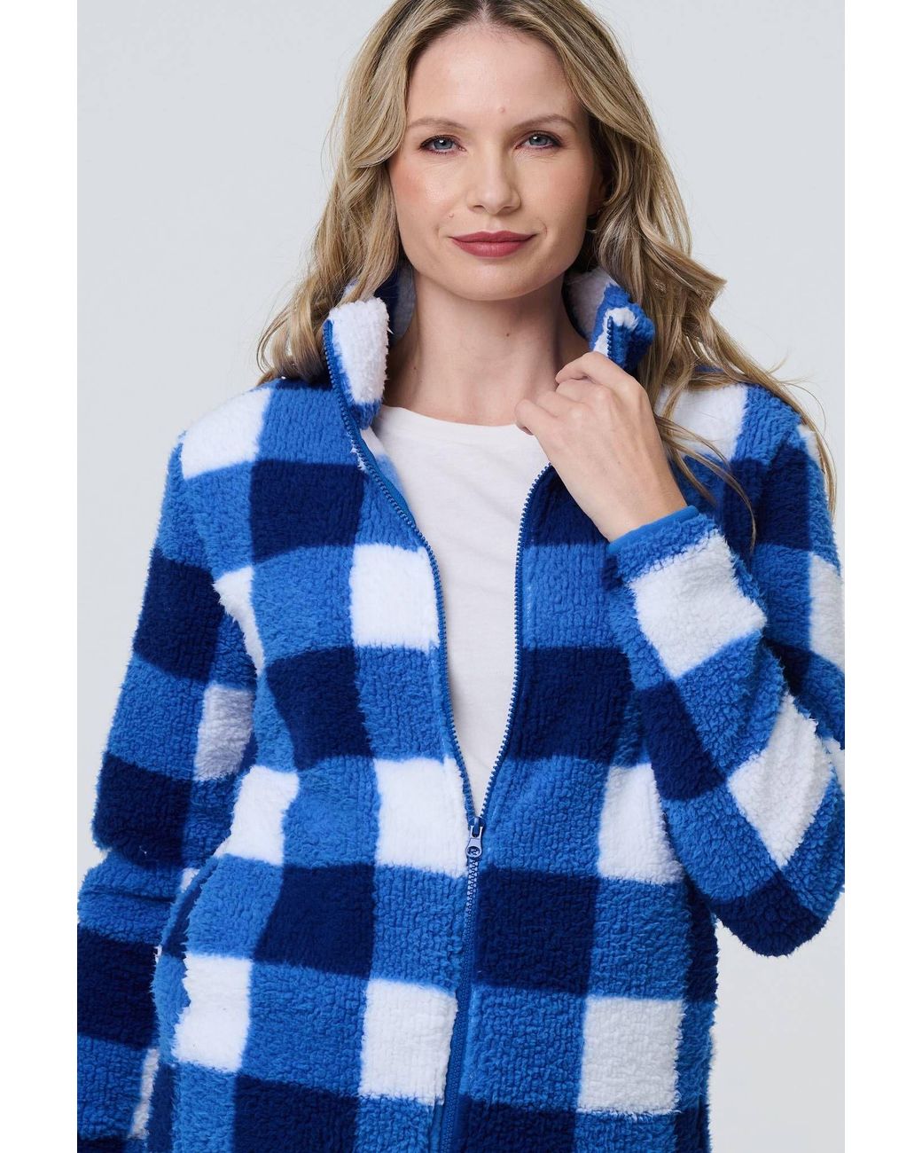 Izabel London Blue Checked Print Teddy Fur Zip Front Jacket