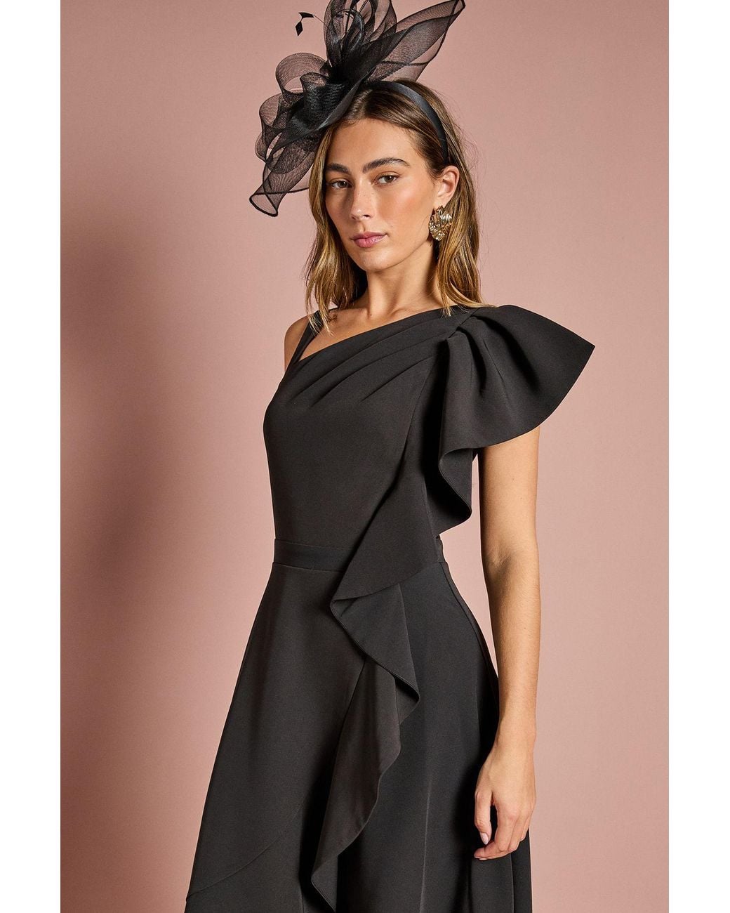 Coast Black One Shoulder Crepe Ruffle Midi Dress