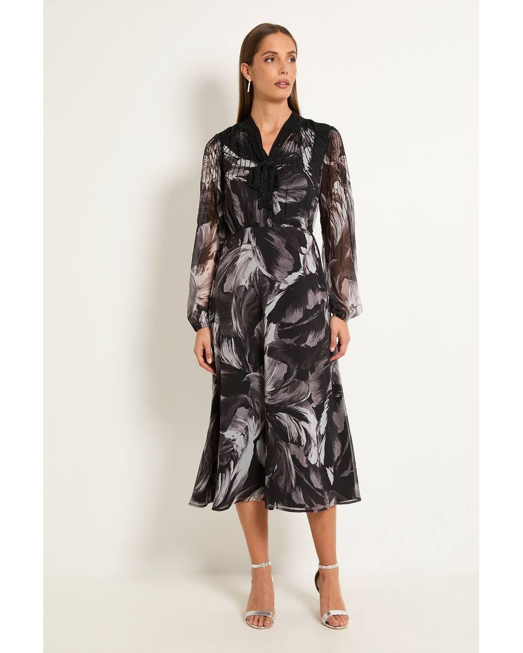Wallis Black Feather Embellished Tie Neck Midi Dress