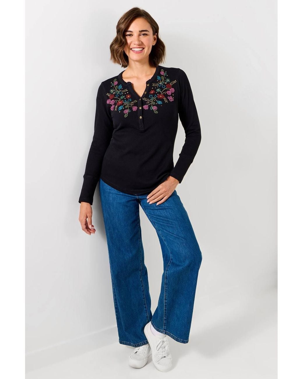 Joe Browns Black Henley Jersey Top With Floral Beading