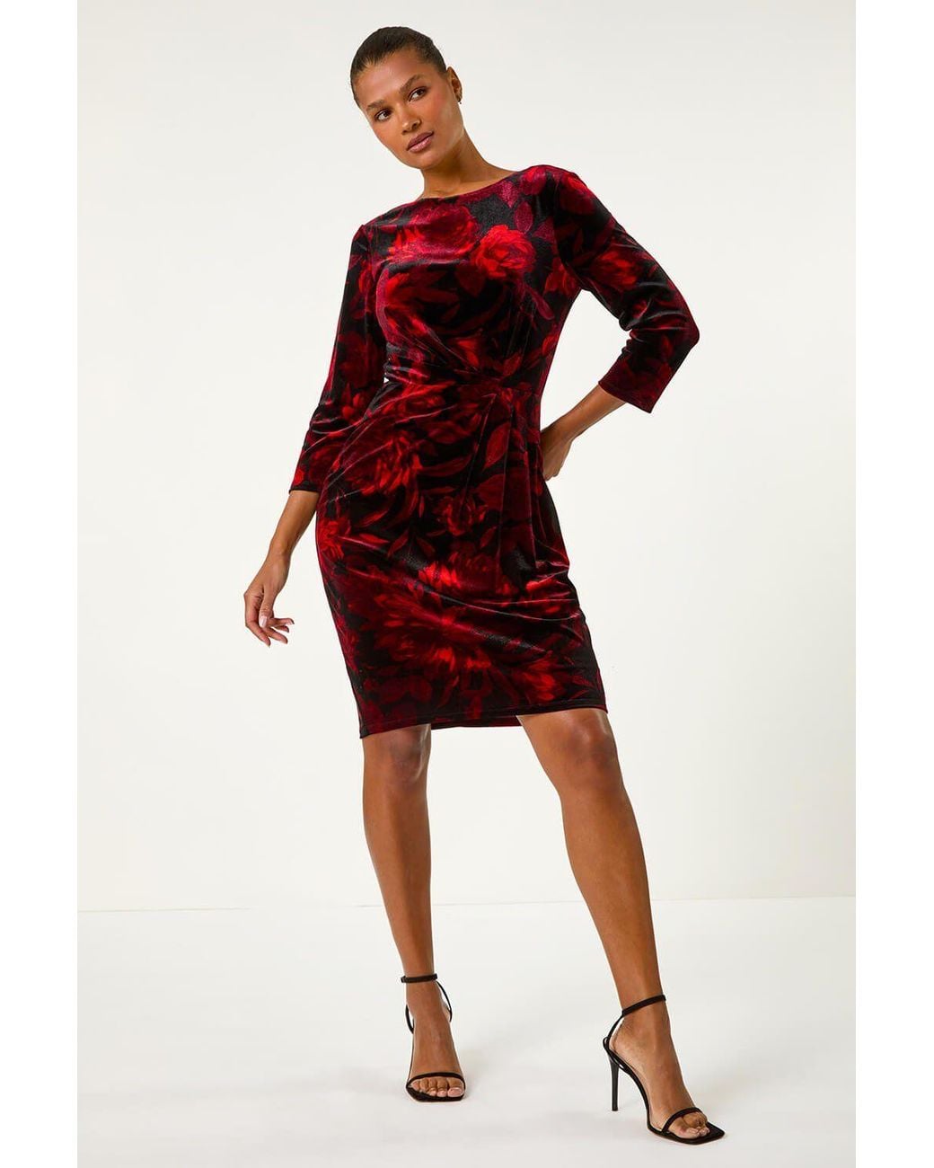 Roman Red Velvet Rose Print Side Twist Shift Dress