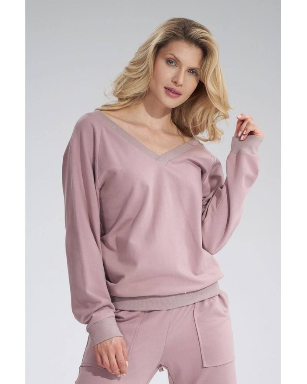 Love Lace Pink Cotton V Neck Blouse Ribbed Sleeve Ribbon Back