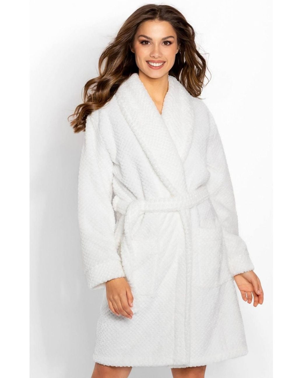 KDMD White Soft Long Sleeve Bathrobe With Pockets Belt