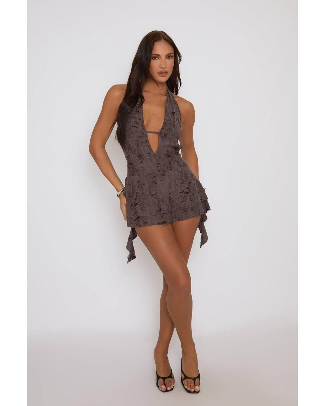 Rebellious Fashion Brown Distressed Plunge Mini Dress