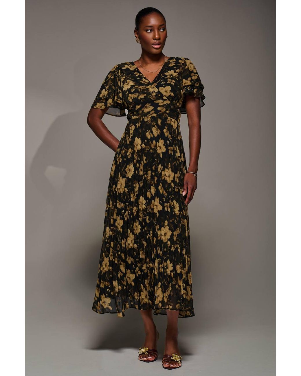 Jolie Moi Brown Chiffon Ruffle Sleeve Pleated Maxi Dress