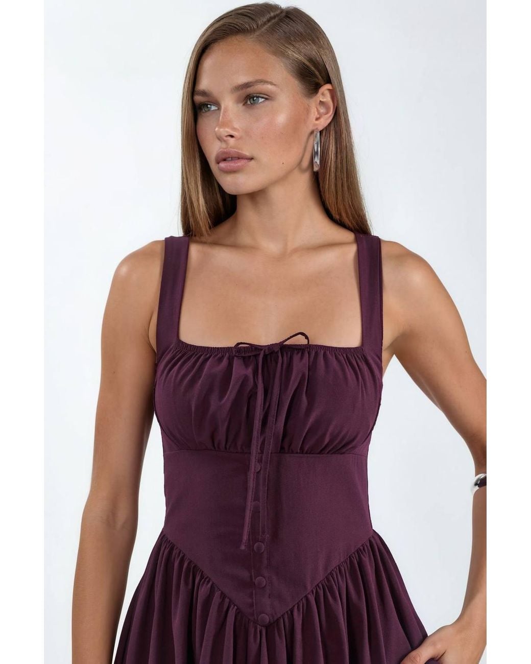 Busem Purple Midi Dress With Square Collar & Button Detail