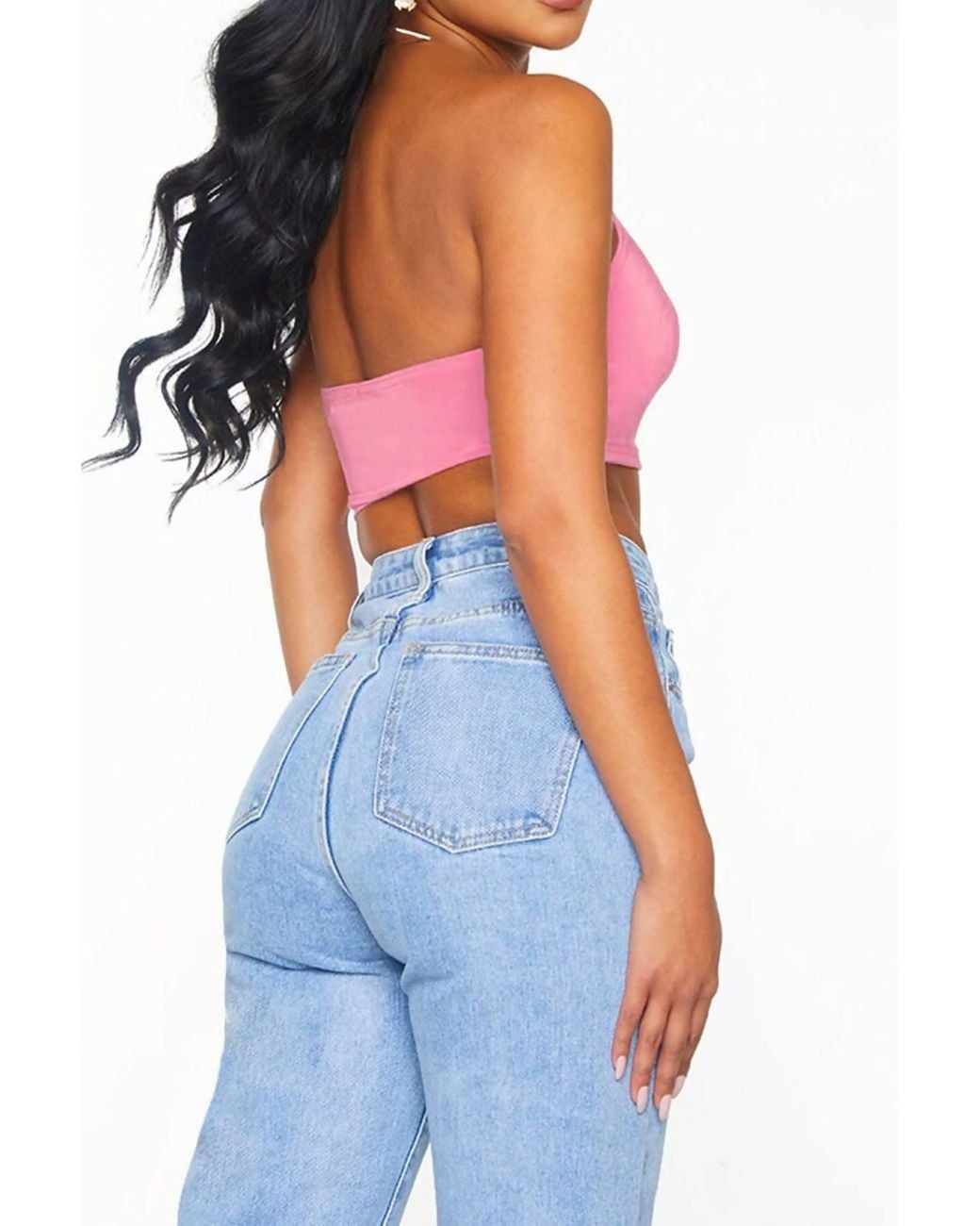 Femme Luxe Pink Slinky Spaghetti Strap Halterneck Crop Top