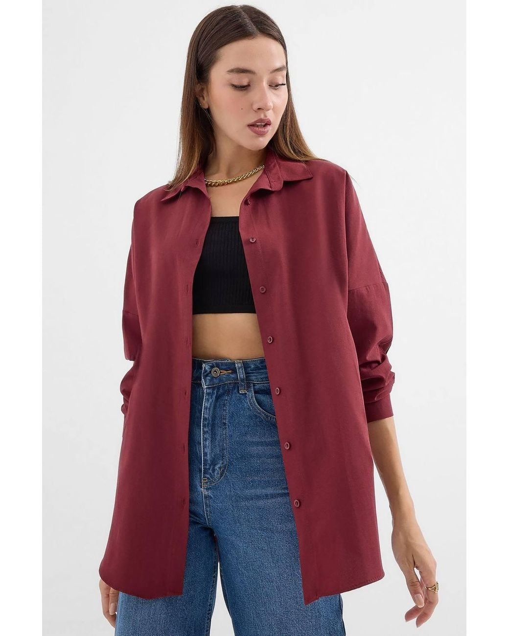 Bigdart Red Oversized Patterned Poplin Shirt With Button Closure