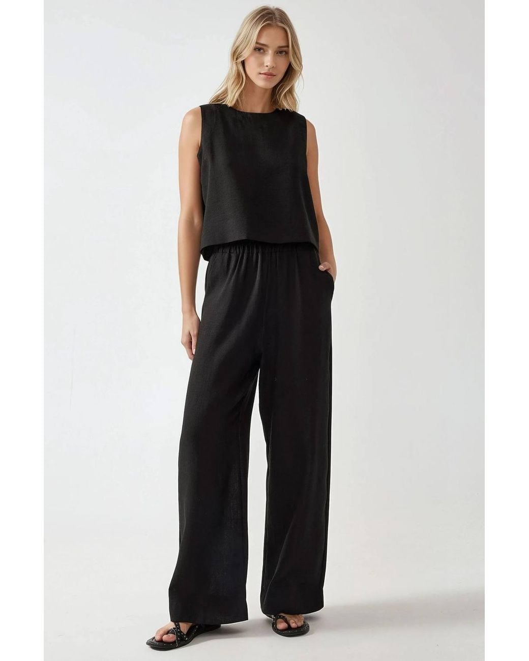 Hiccup Black Linen Feel Blouse & Elastic Waist Pants Two-Piece Coord Set