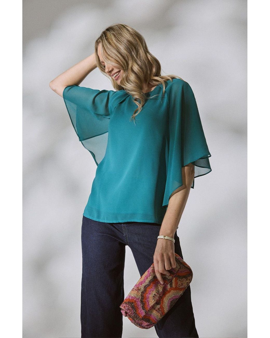 Izabel London Green Semi Sheer Cut Out 3/4 Sleeve Blouse