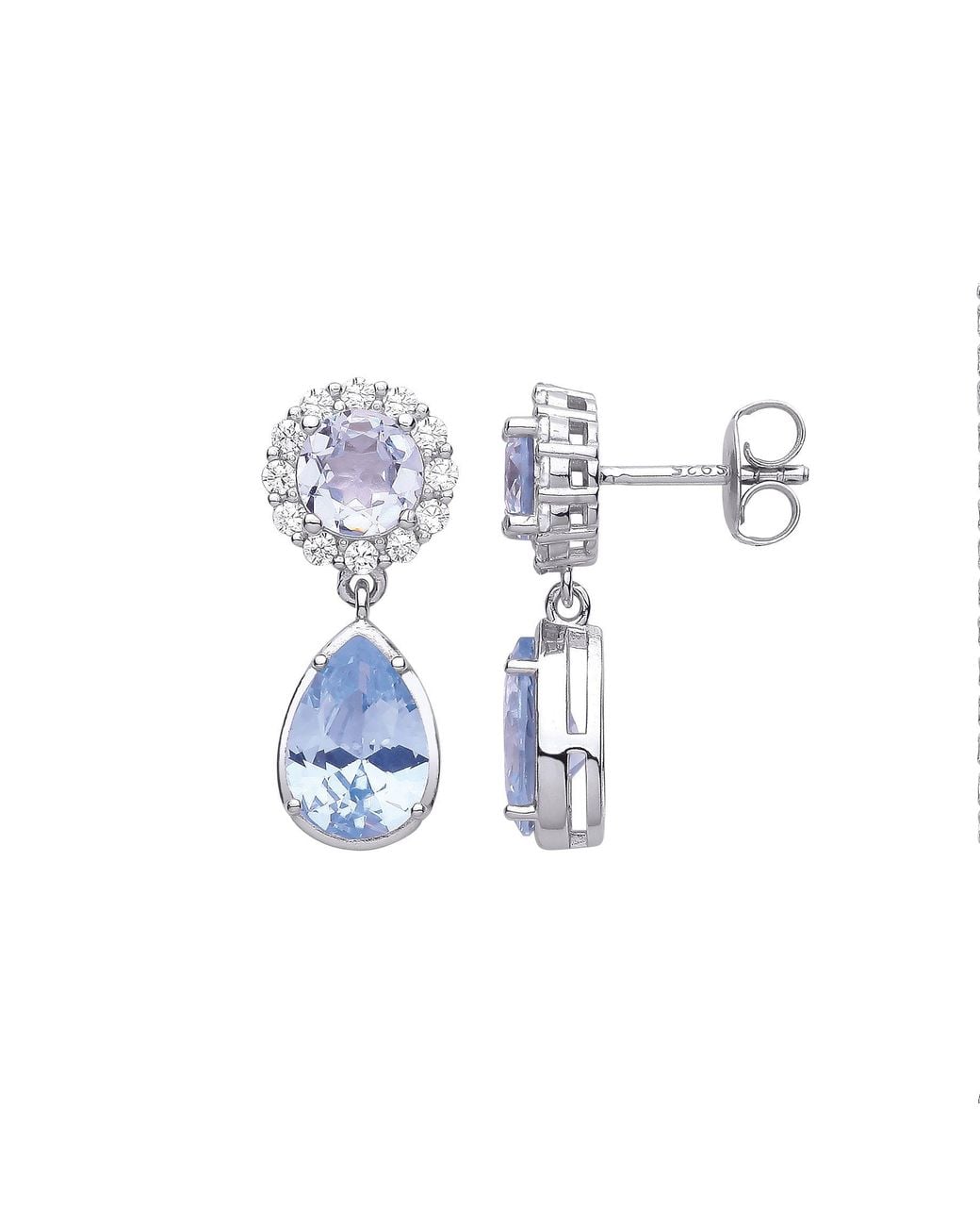Jewelco London Blue Pear Cz Raindrop Halo Cluster Solitaire Drop Earrings