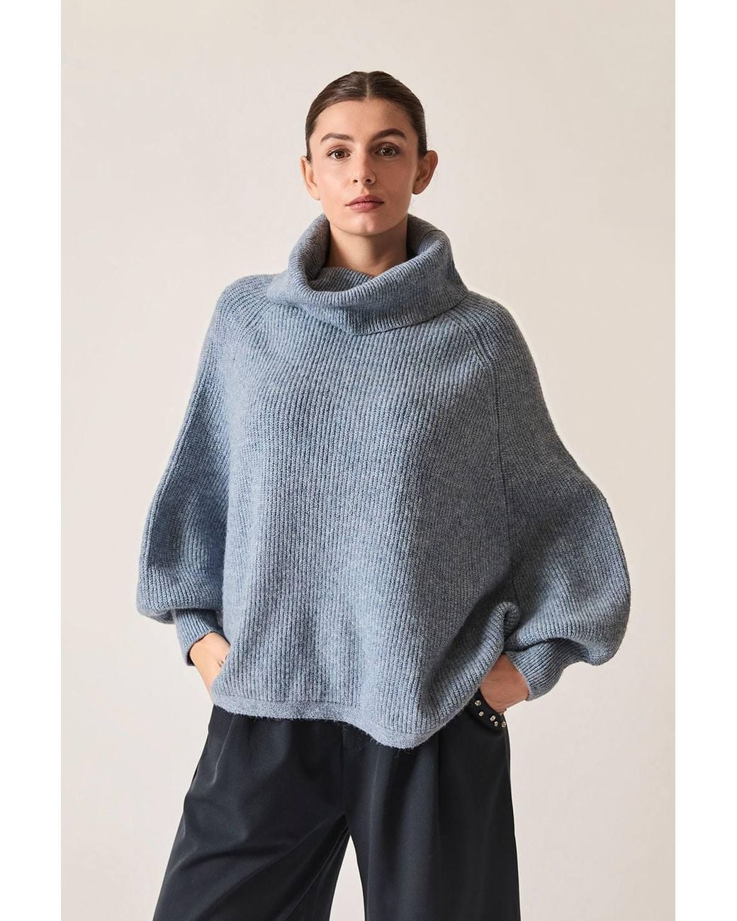 James Lakeland Blue Balloon Sleeve High Neck Jumper