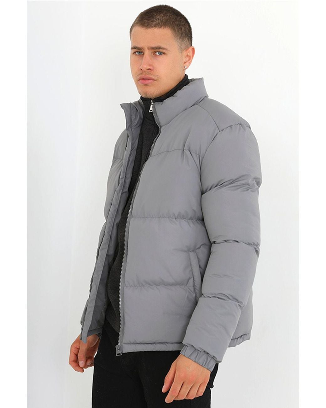 Brave Soul Gray Funnel Neck Padded Jacket for men
