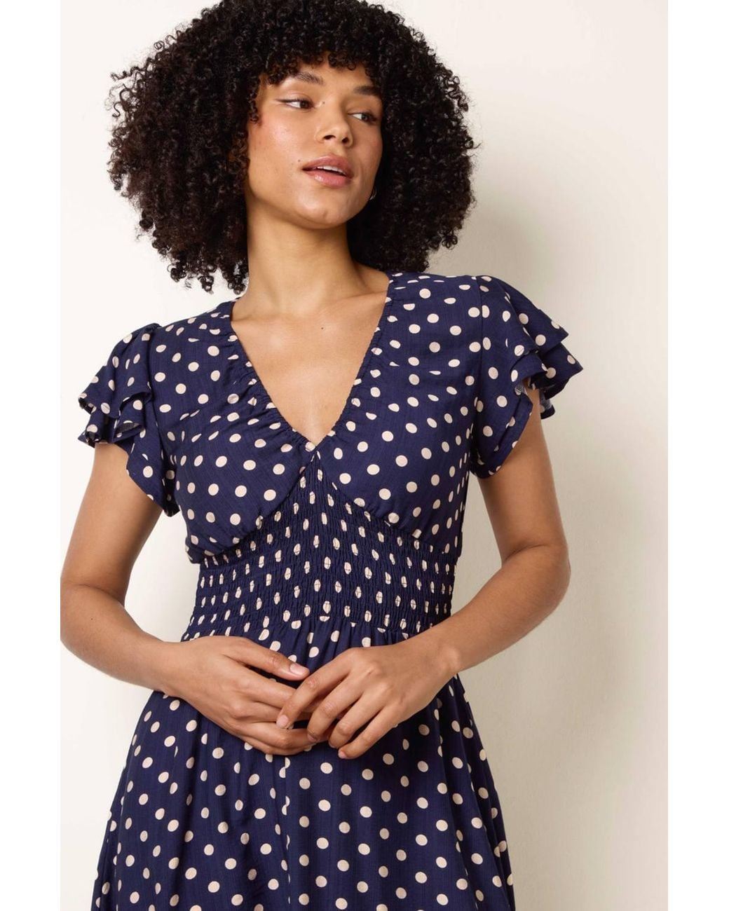 Blue Vanilla Blue Shirred Waist Short Sleeve V-Neck Midi Dress