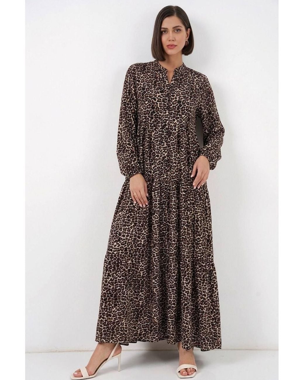 Bigdart Brown Patterned V-Neck Maxi Dress With Button Closure
