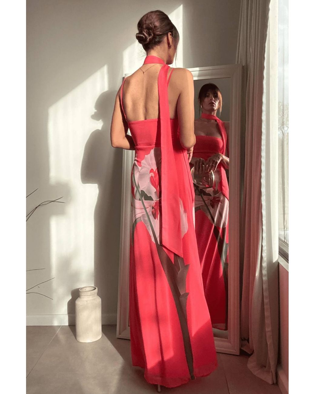 Style Cheat Pink Peony Soft Satin Maxi Dress With Scarf
