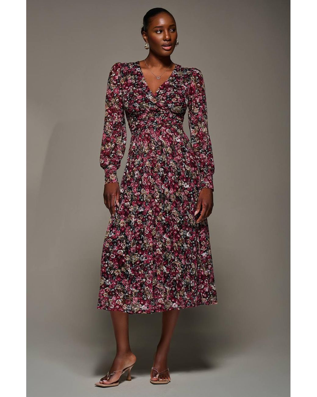 Jolie Moi Brown Long Sleeve Printed Lace Maxi Dress