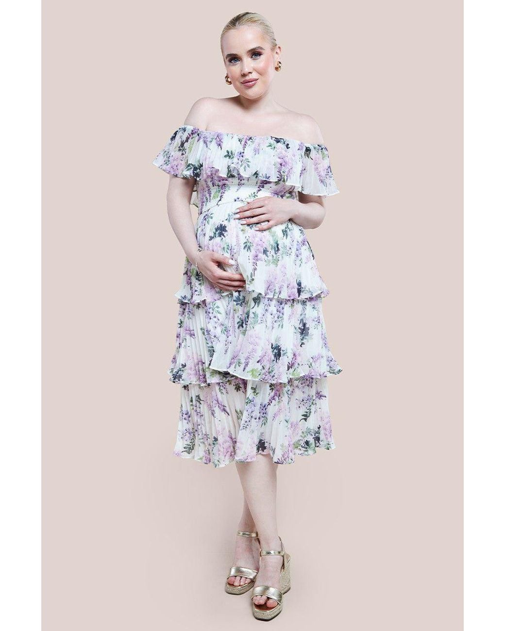 Goddiva Multicolor Maternity Shirred Chiffon Floral Bardot Midi Dress
