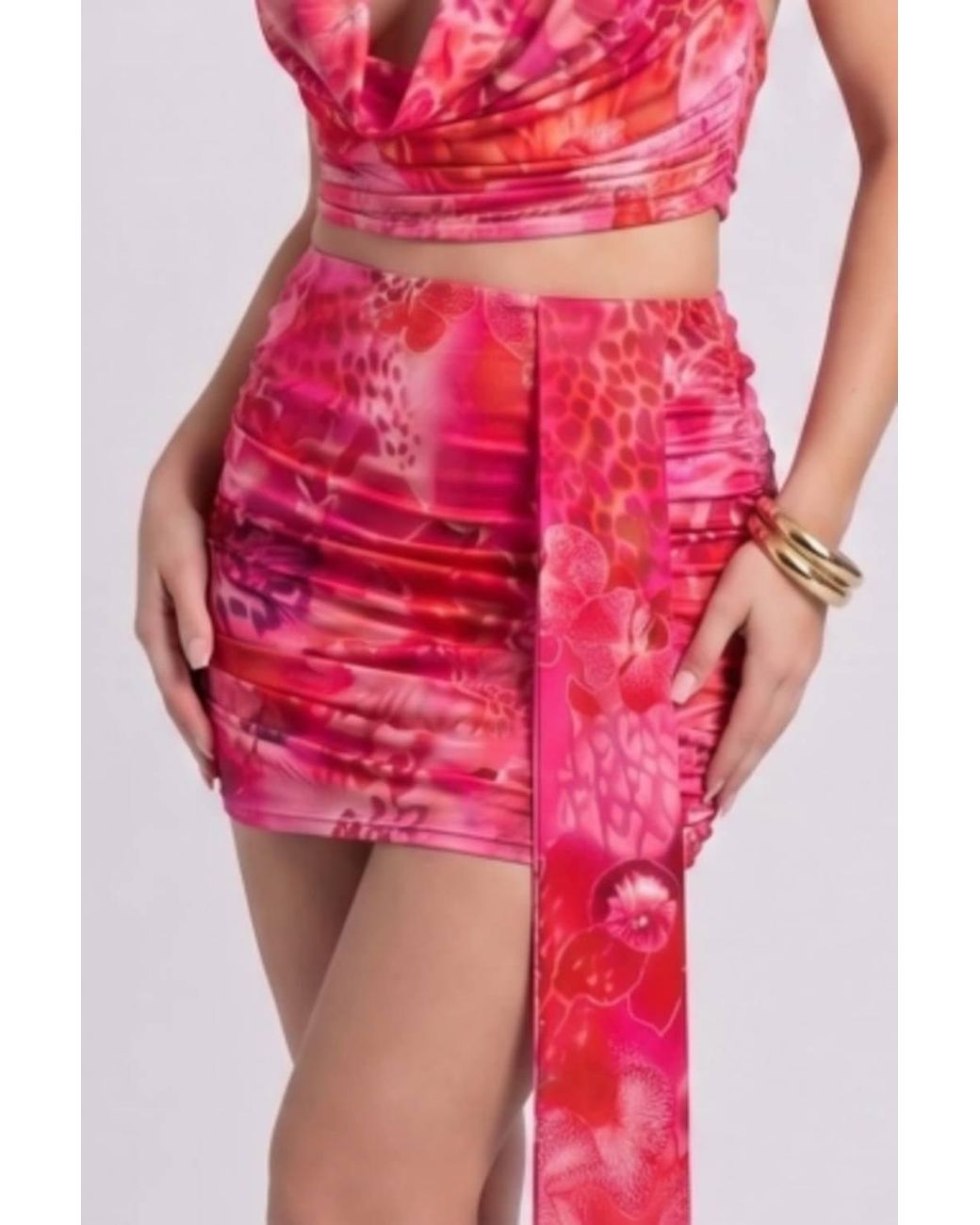 Stylewise Red Floral Halter Neck Crop Top & Ruched Skirt Drape Co-Ord