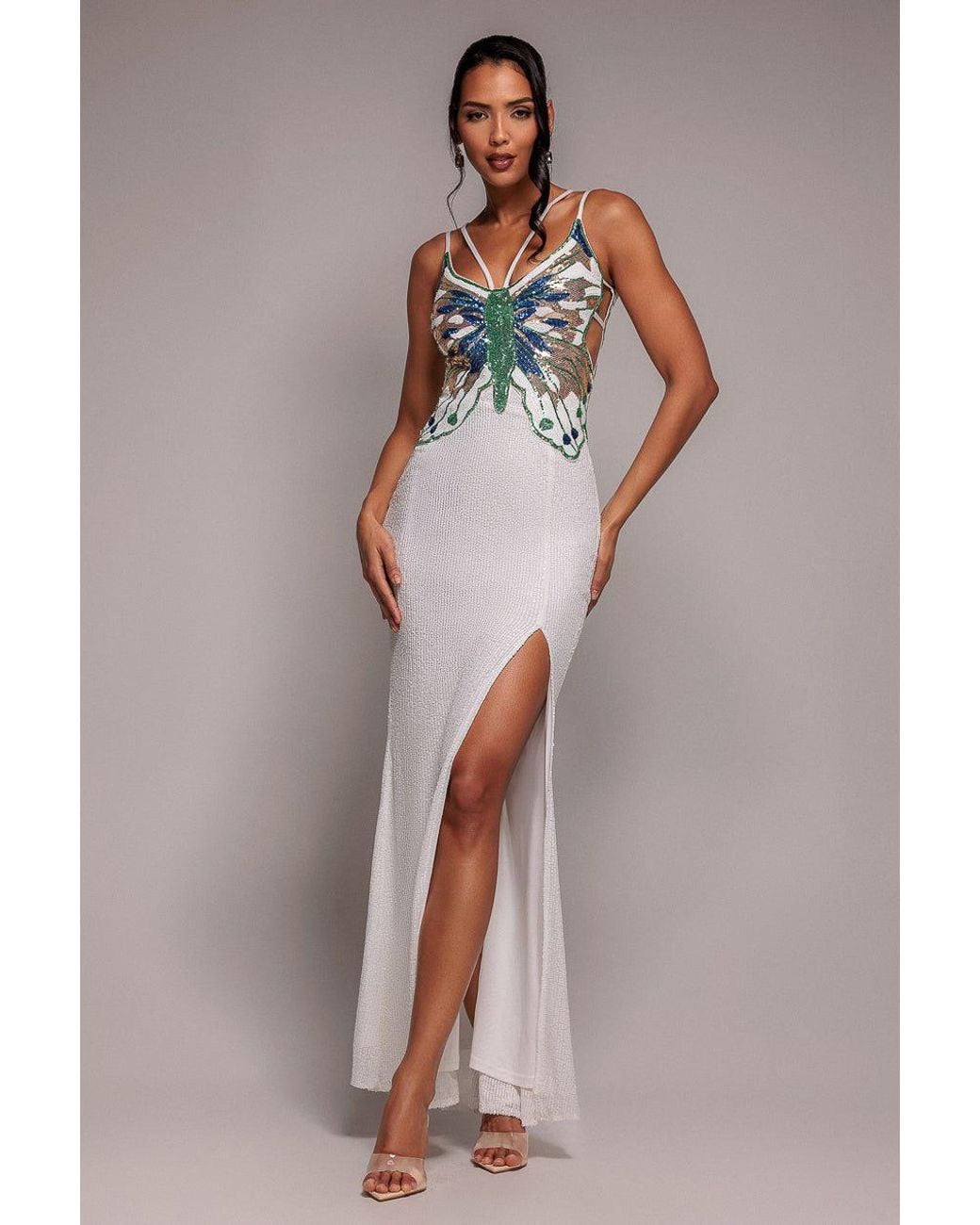 Goddiva White Sequin Butterfly Front Split Maxi Dress