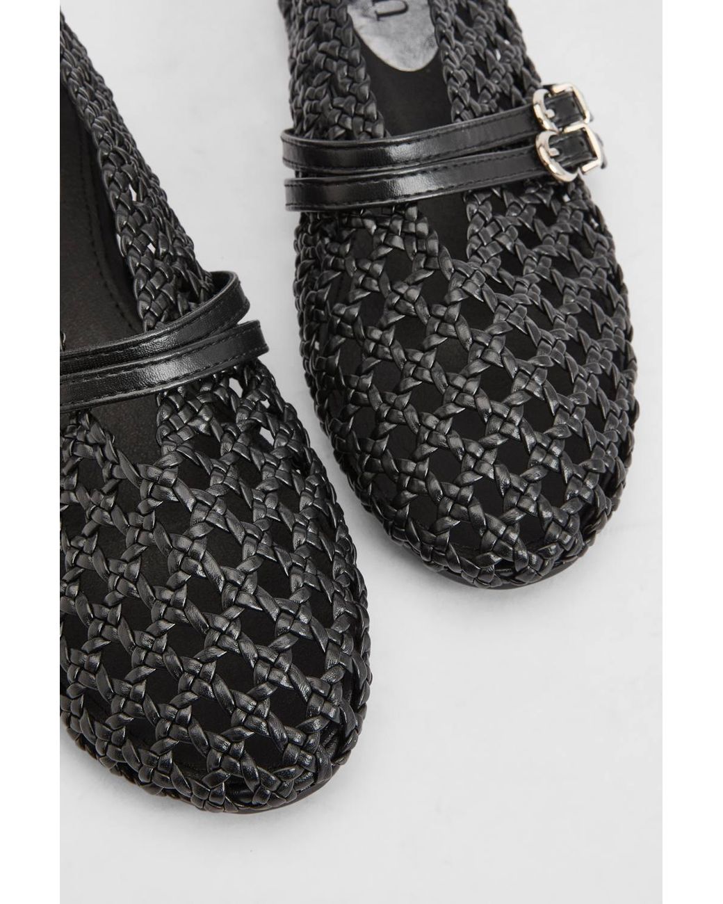 Faith Black Meila Faux Leather Woven Double Strap Mary Jane Flats