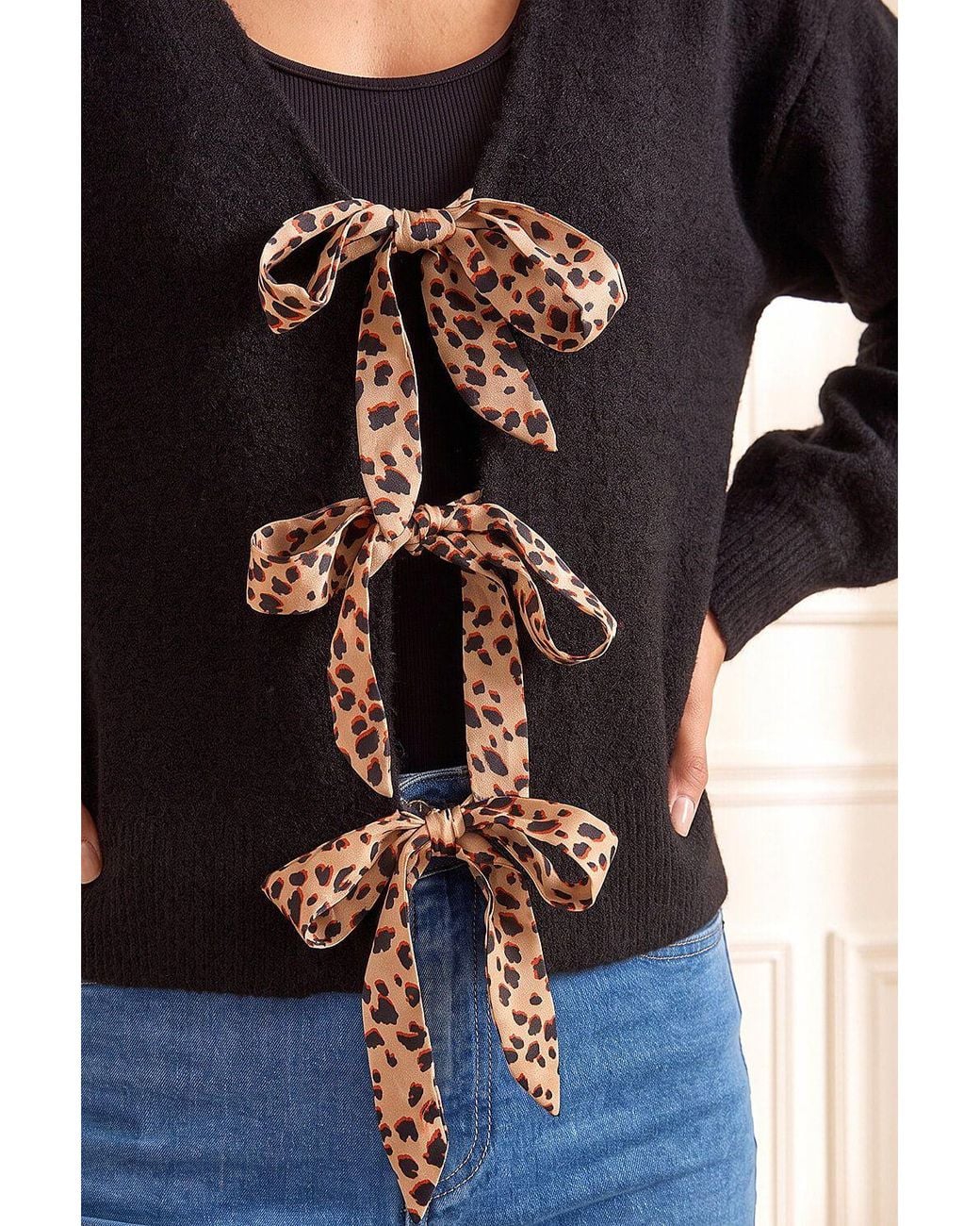 Roman Black Animal Tie Front Knit Cardigan