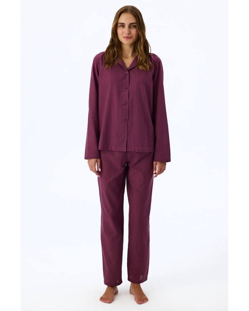 Penti Red Lea Striped Long Sleeve Shirt Trousers Pyjama Set