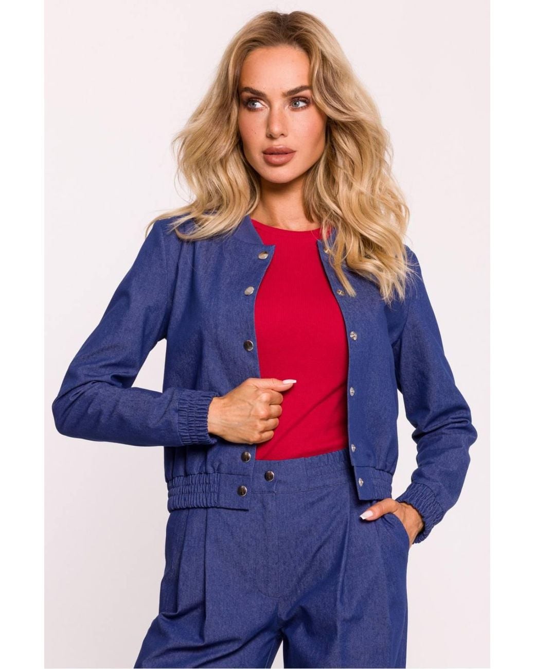 Love Lace Blue Cotton Snap Front Bomber Jacket With Rib Cuff