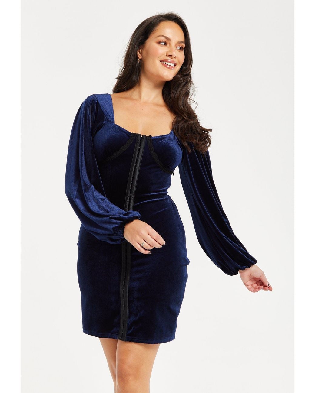 Liquorish Blue Corset Detail Mini Velvet Dress