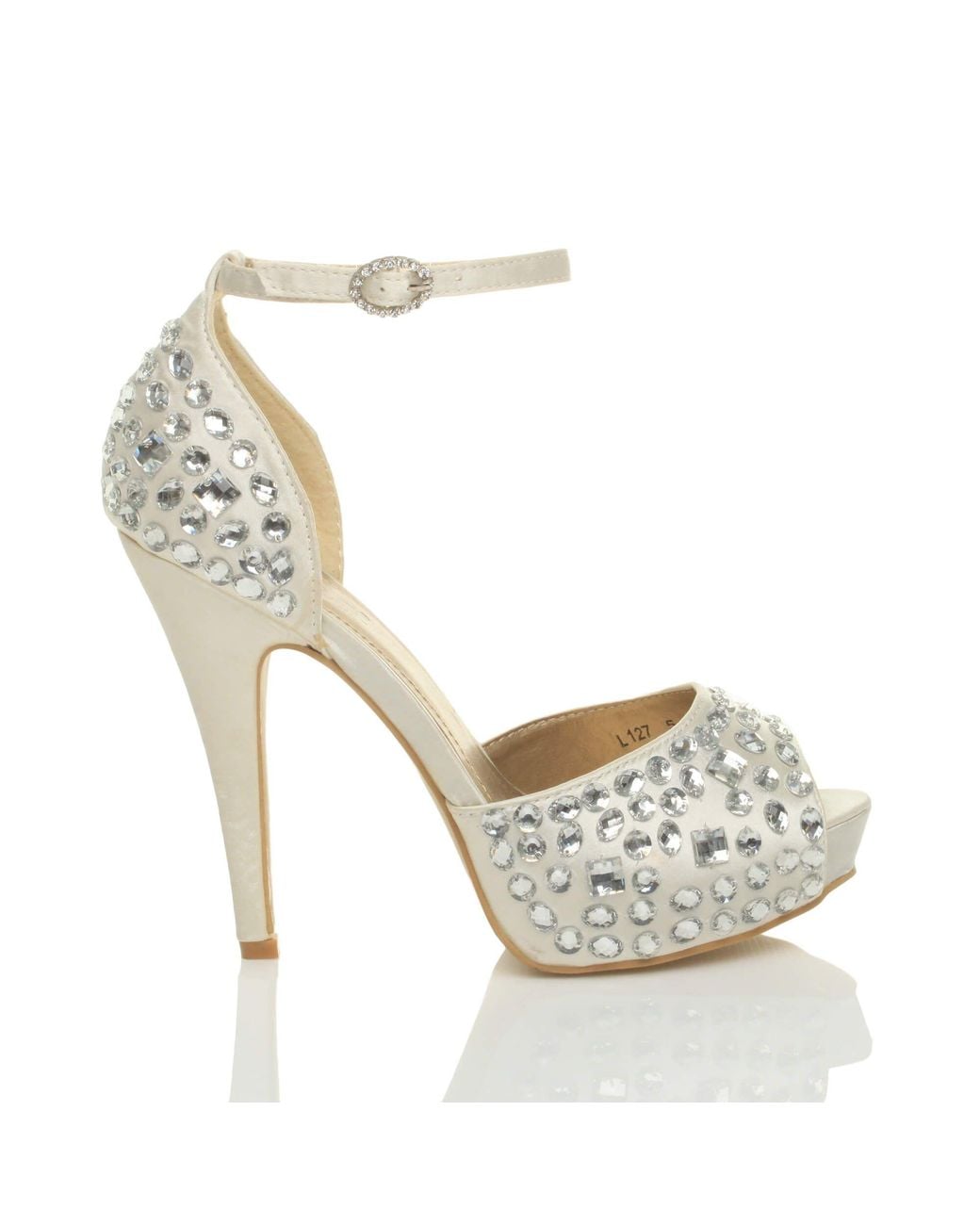 AJVANI Metallic High Heel Gem Ankle Strap Peep Toe Satin 2 Part Heels
