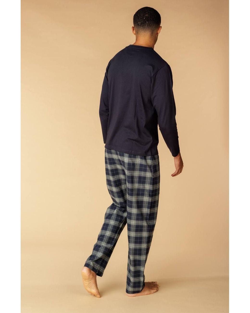 Firetrap Blue Cotton Check 2 Piece Long Sleeve Pyjama Set for men