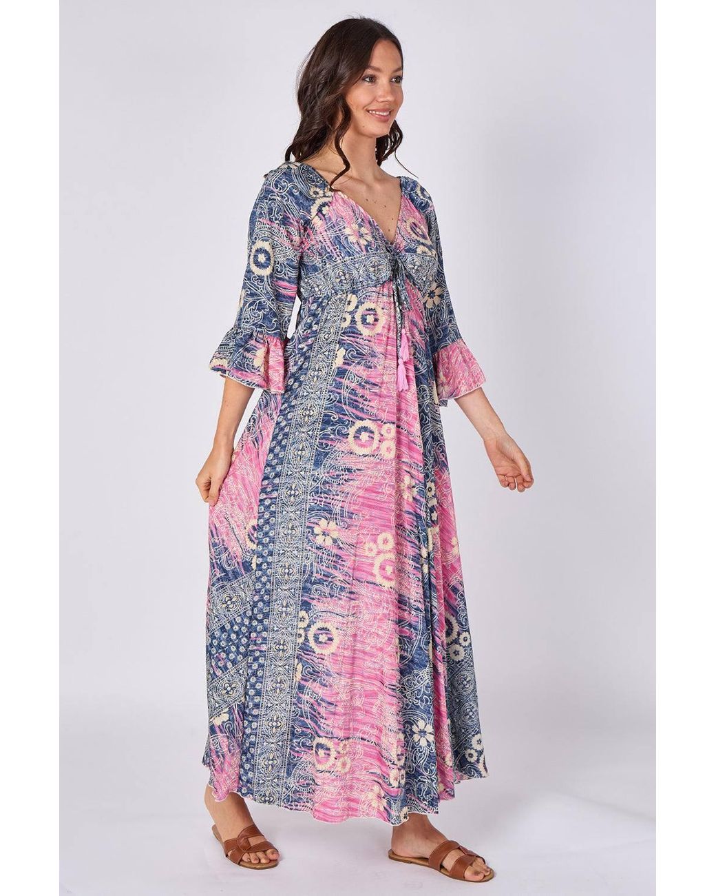ELAINA FASHION Pink Bohemian Tie-Front Maxi Dress