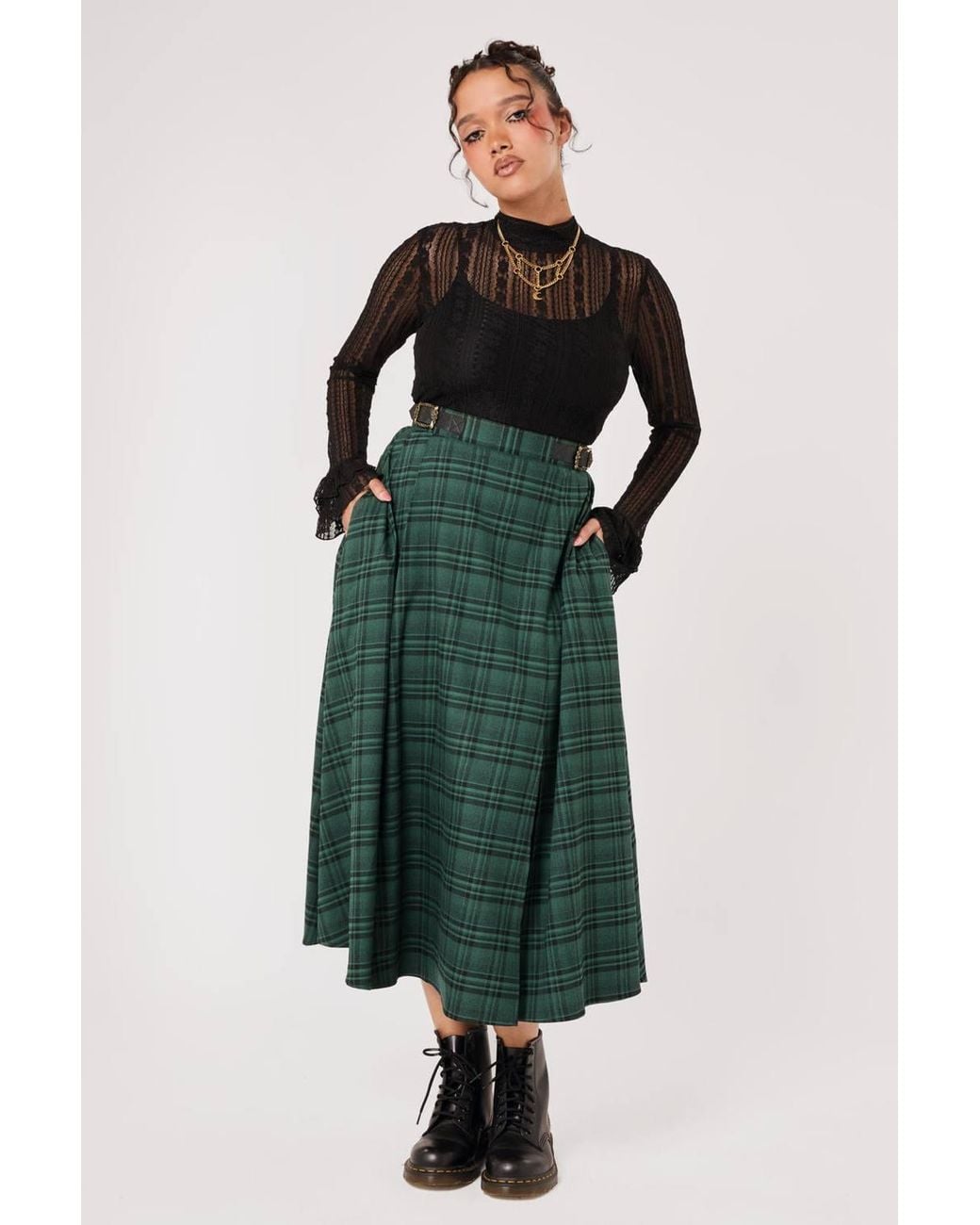 Hell Bunny Green Eden Tartan Faux Leather Strap Midi Skirt
