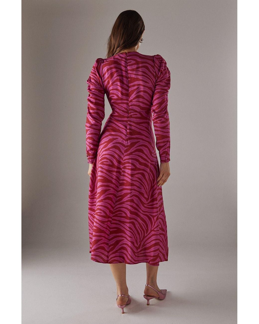 Warehouse Pink Zebra Print Viscose V Neck Long Puff Sleeve Midi Dress