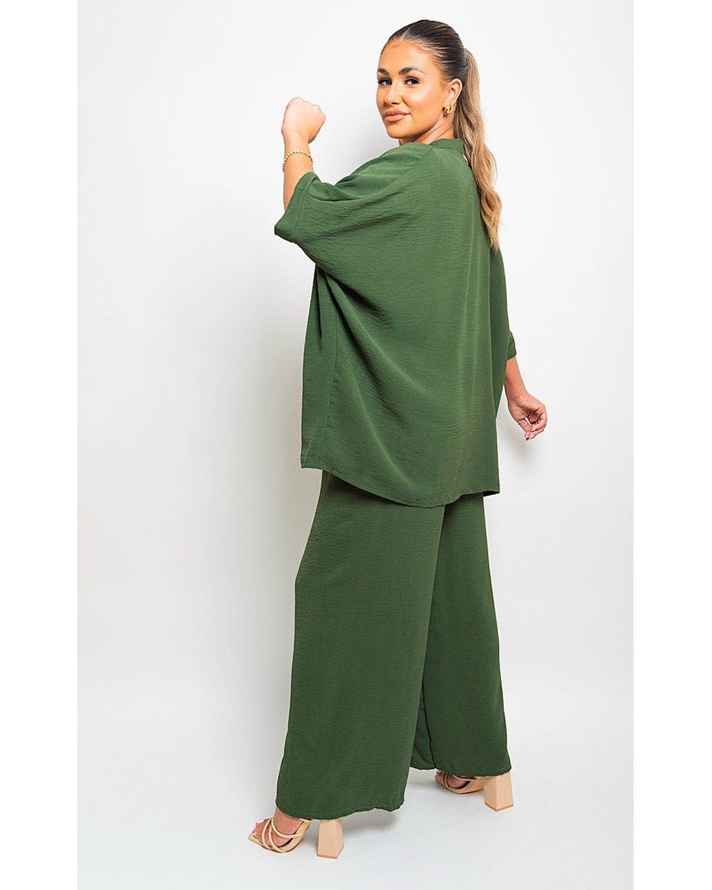 IKRUSH Green Mollie Drawstring Gathered Waist Wide Leg Trouser