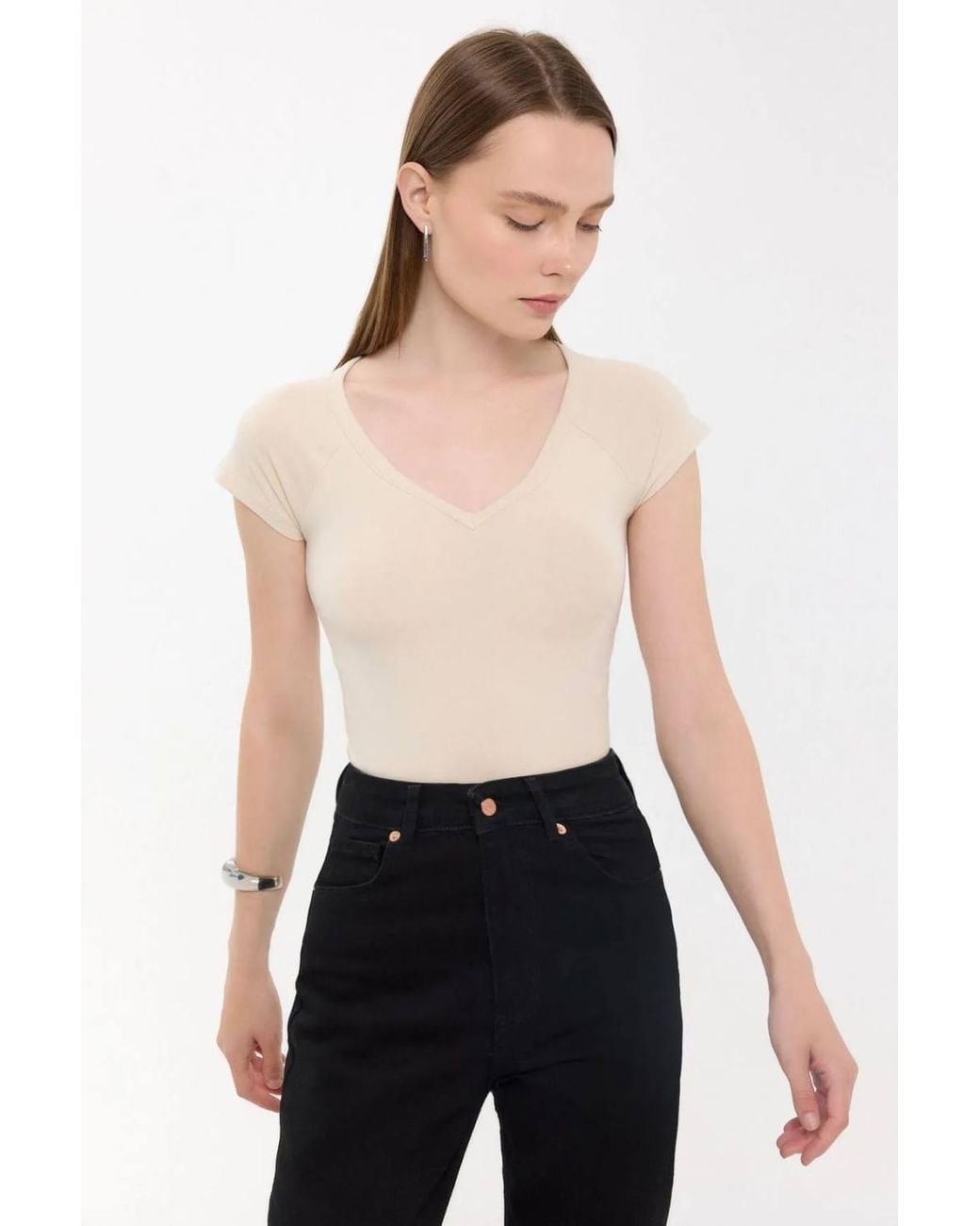 Hiccup Black Basic Cap-Sleeve V-Neck T-Shirt