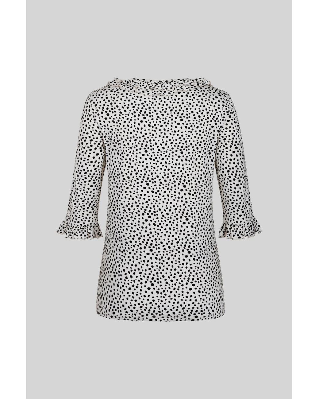 Enorsia Gray Polka Dot Prints Frill Neck Jersey Blouse